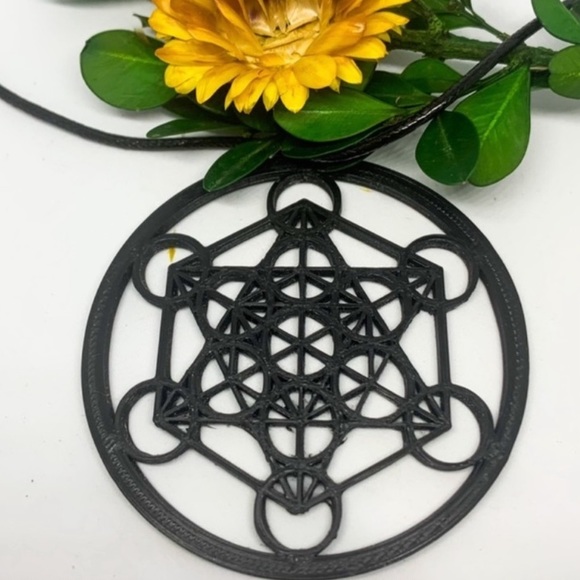 Handmade New 3D Printed Black Metatron Cube Sterling Silver Leather Necklace - Picture 9 of 15